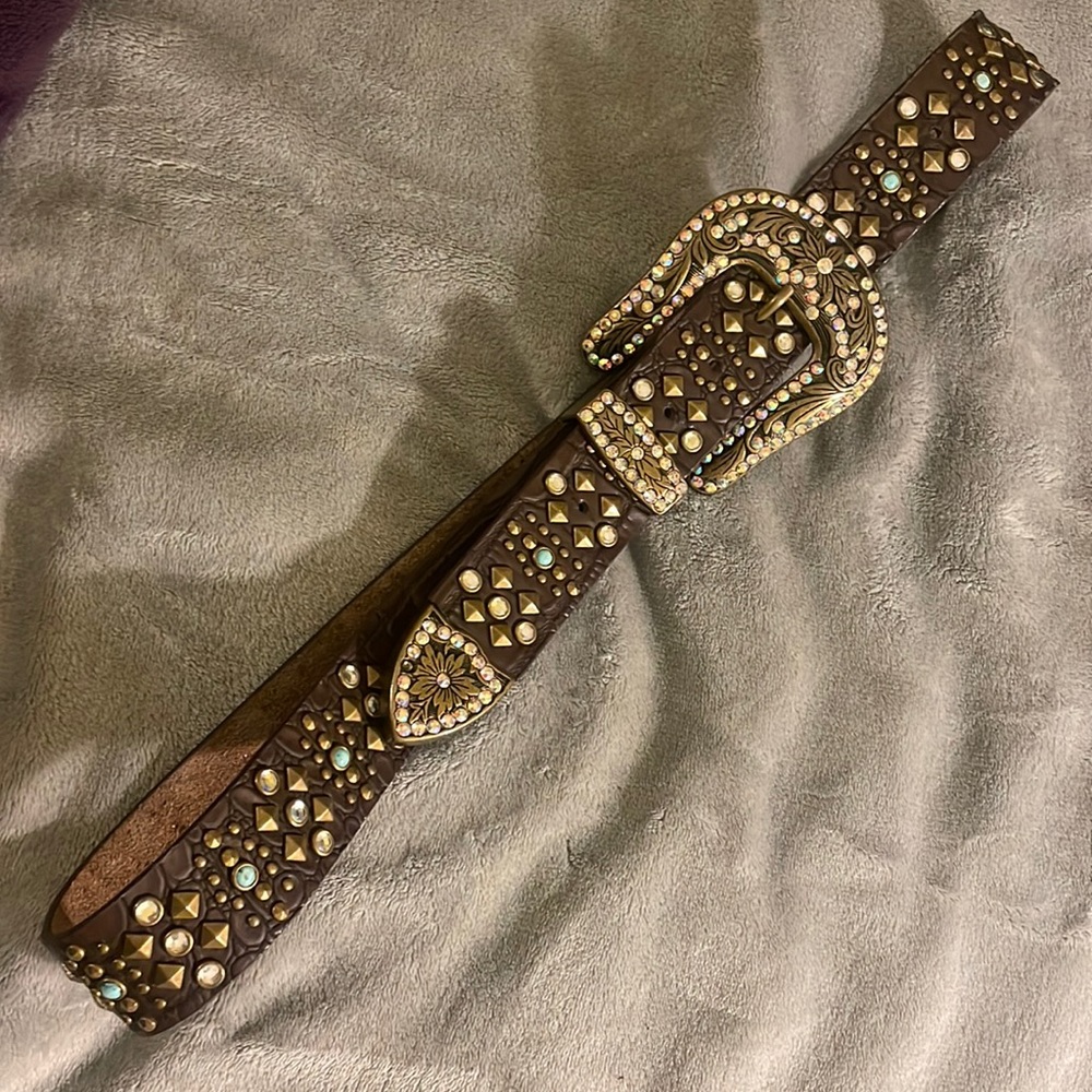Designer rhinestone cowgirl belt with brass metal buckle